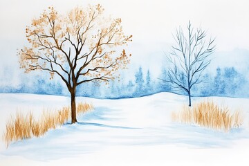 Obraz premium Snowy landscape with bare trees and dry grass patches