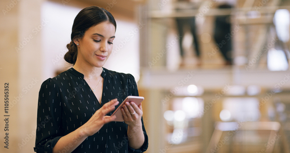 Poster business, woman and online with phone in office for checking notifications, social media scroll or c