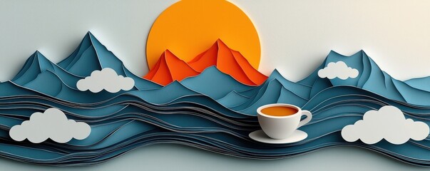 Papercut art of mountains and sun with coffee cup and clouds