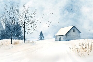 Snowy landscape with barn and flying birds in serene setting