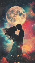 A romantic couple's profile silhouettes blending into a radiant galaxy with stars and nebulae in a double exposure style Cosmic love under the mystical moonlight.