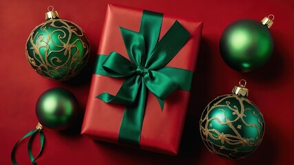 Festive red and green presents adorned with ribbons, surrounded by Christmas ornaments on a vibrant red backdrop, conveying a joyful holiday spirit, 4k Resolution