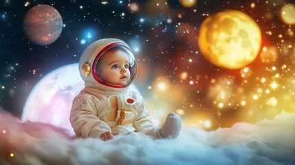 A cute baby dressed in a tiny astronaut suit, sitting on a glowing moon with a backdrop of stars and planets, colorful and fantastical space theme, 16:9