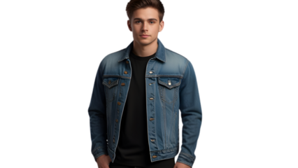 A young man in a denim jacket on a transparent background