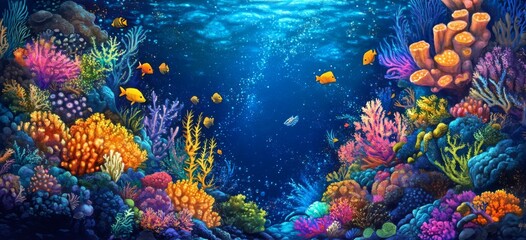 Naklejka premium Vibrant Coral Reef Underwater Scene Ocean Life Tropical Fish Bioluminescent Coral Marine Wildlife