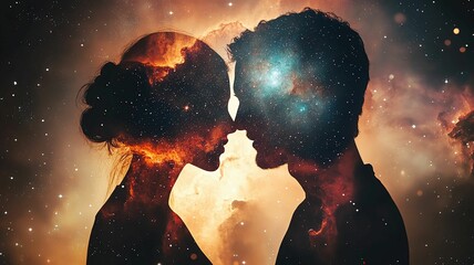 A romantic couple's profile silhouettes blending into a radiant galaxy with stars and nebulae in a double exposure style Cosmic connection between two lovers in space.