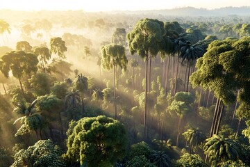 Fototapeta premium Lush and Verdant Tropical Rainforest Landscape with Sunlight Filtering Through the Canopy