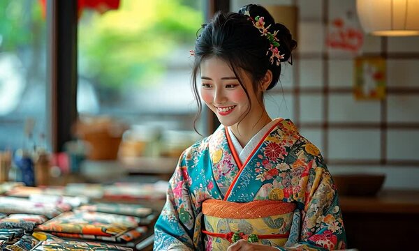 A woman in a colorful kimono smiles while crafting in a serene setting.