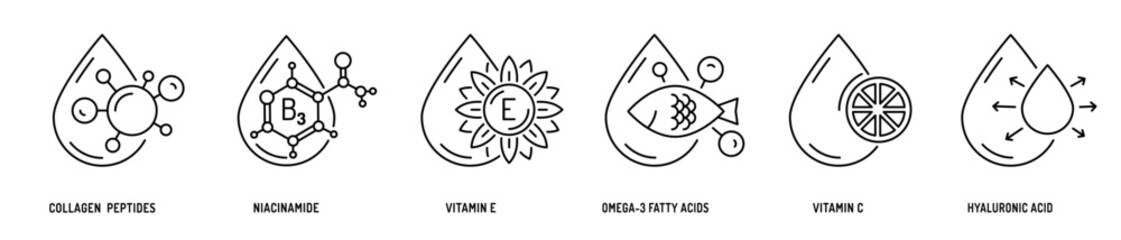 Collagen, niacinamide, vitamin E and C, omega-3 fatty acids and hyaluronic acid line icons
