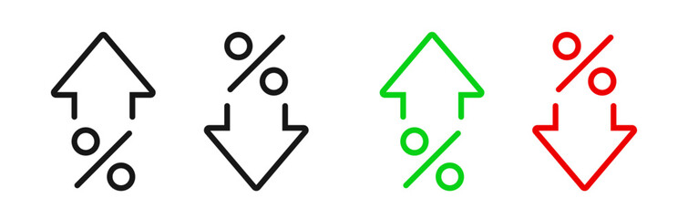 Percent arrow up and down icon set. Percentage arrow symbol. Credit rating icons vector