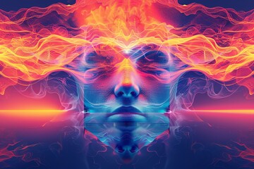 Obraz premium Fiery, ethereal face emerges from vibrant smoke, reflecting in still water.