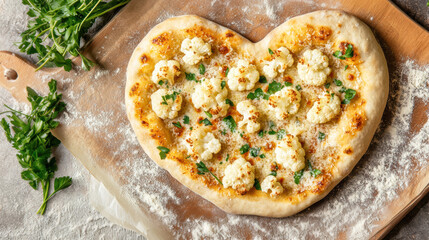 Heart-shaped cauliflower pizza with fresh herbs on wooden board - Powered by Adobe