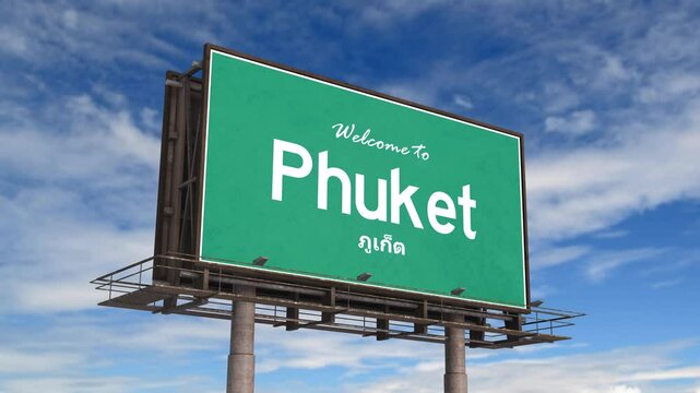 Welcome To Phuket Road Sign. Airplane Landing Phuket Thailand.