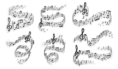 Song waves with music notes, symbols and signs. Vector swirls, waves and curves of abstract sheet music staves, treble and bass clefs, keys, rests and bar lines. Musical notation marks set © Vector Tradition