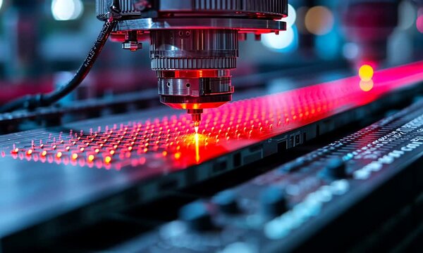 Laser engraving machine creating patterns on a metal surface.