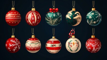 Christmas ornaments set on dark background. Winter illustration with Christmas balls, fir elements, candy cane, snowman, elves, snowflakes. 