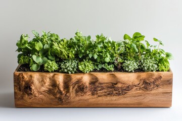Fototapeta premium Wooden planter box brimming with lush foliage against a bright background