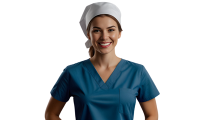 A cheerful female nurse in a scrub cap on a transparent background