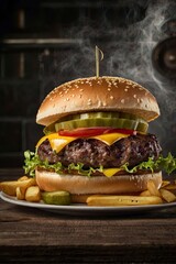hamburger on a wooden table