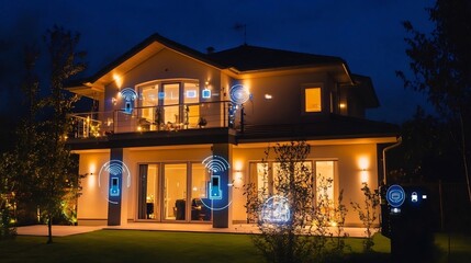 Obraz premium Luxurious Illuminated Villa Nestled in Scenic Landscaped Garden at Tranquil Night