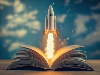 Rocket blasts off from open book. Education and business startup concept. Knowledge launches new venture. Inspiration and innovation. Ideal for business, education and motivational content.