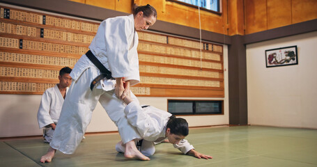 Karate, self defense and submission with people in dojo for demonstration, fitness or training....