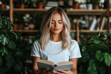 A serene image of a woman with blonde hair reading a book, surrounded by lush green plants in a library setting, capturing a peaceful and focused atmosphere.