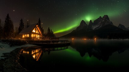 Cozy cabin by a serene lake at night, illuminated by aurora borealis.