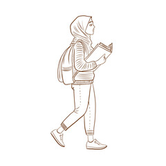 Vector Arabic woman student female with book walking line art illustration, graphic line studying learning process. Education concept. Great for any designs, textile, art, walls, package