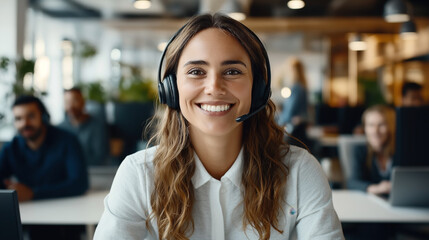 Smiling woman wearing a headset in a modern office, suggesting a call center environment with colleagues in the background.