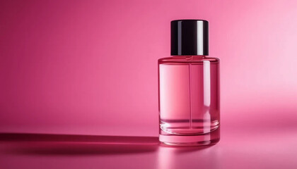 Pink cosmetic bottle on pink background, ai