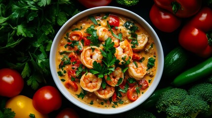 Creamy Shrimp Stew with Fresh Herbs and Colorful Vegetables in Bowl
