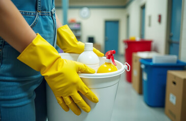 Close-up of a woman's hand in yellow gloves inside the building holding a bucket filled with chemicals and cleaning products. Cleaning rooms, premises