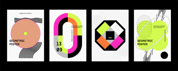 Set modernism art colorful trendy poster, artwork minimalistic and rave postmodern composition, vector simple shapes print graphic in Y2K aesthetics.