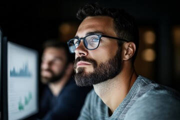 Fototapeta premium A bearded man wearing glasses is intensely focused on a computer screen displaying a graph; background slightly blurred for depth effect and concentration focus.
