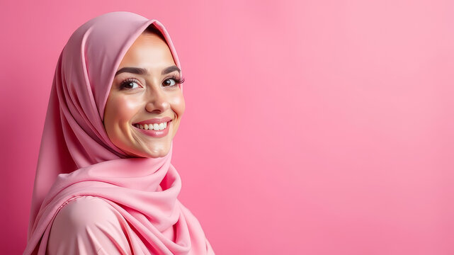 World Hijab Day. Beautiful arab young woman in hijab with charming look with radiant smile on pink background. Horizontal banner with free space for text