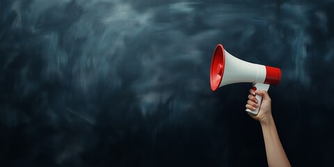 White and red megaphone held against chalkboard background, suitable for communication or educational concepts
