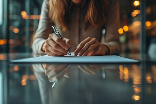 An individual attentively writes on a piece of paper, showcasing dedication and concentration, as warm ambient lighting creates a contemplative atmosphere in the room.