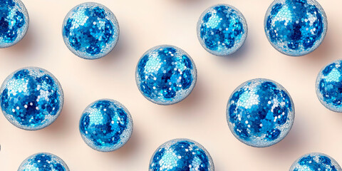 Hanging blue disco balls reflecting light, creating a sparkling and festive vibe. Ideal for party setups, holiday events, New Year celebrations, or retro-themed decor and marketing campaigns.