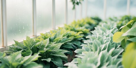 A sunny greenhouse scene featuring rows of greenery with a hazy background.