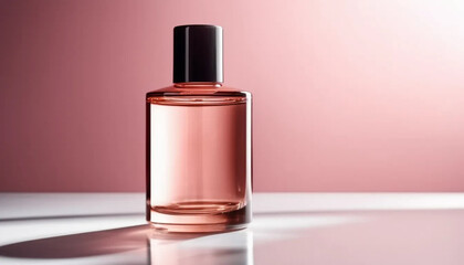 Pink cosmetic bottle on pink background, ai