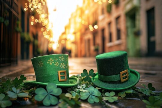 Green St Patricks Day hats, clovers on festive street. Festive atmosphere. Street scene. Festive decor. Holiday. Celebration. Irish. Party. Fun. Celebration decor. Festive spirit. Image for St