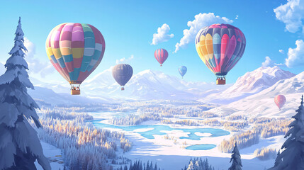Obraz premium A winter hot air balloon ride over a snowy landscape, with colorful balloons floating over forests, fields, and icy lakes.
