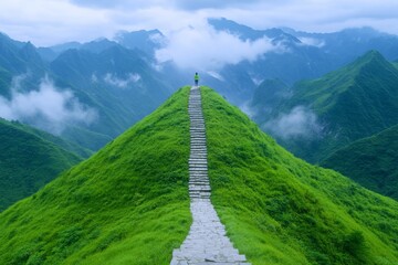 A determined young woman climbing a long set of stone stairs in the mountains, symbolizing perseverance and strength. Generative AI