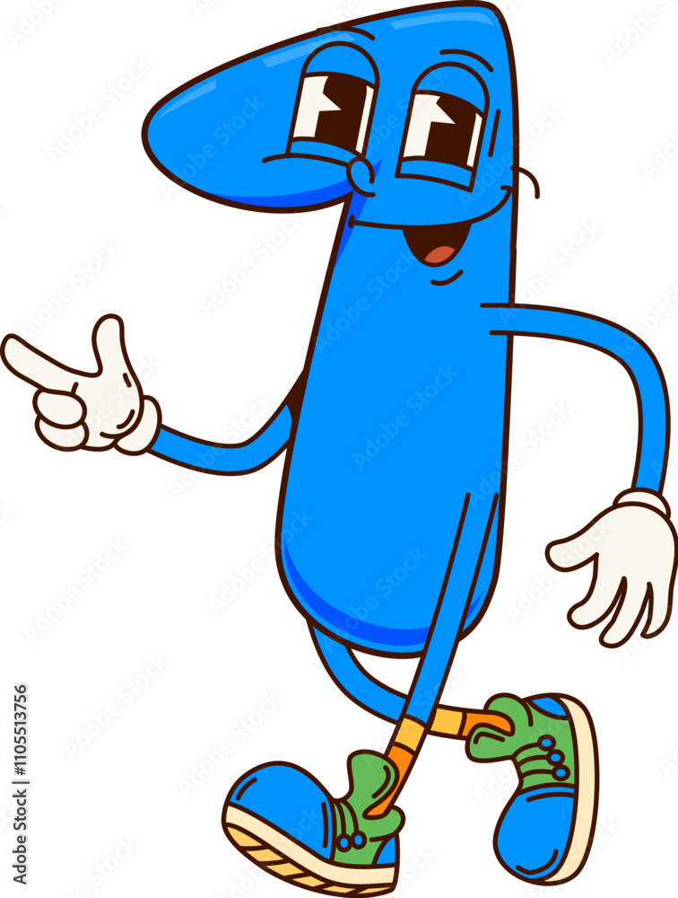 Aufkleber Groovy number One math character in retro cartoon with funny face, vector emoji. Groovy number 1 One numeral with funky happy smile walking in hipster shoes for mathematics retro cartoon character