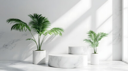 Fototapeta premium Two white marble podiums with green plants in white pots against a white wall with sunlight.