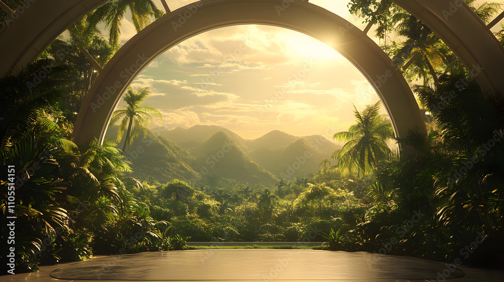 Poster a serene landscape featuring lush greenery and mountains, framed by a large arch, illuminated by the