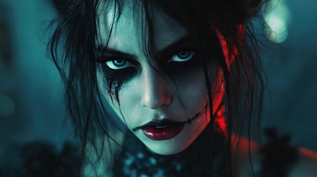 Close-up gothic woman intense makeup dark Halloween mood. Woman mysterious look dramatic makeup. Bloodstains face intense expression. Dark mood Halloween. Dramatic makeup style. Woman spooky look.
