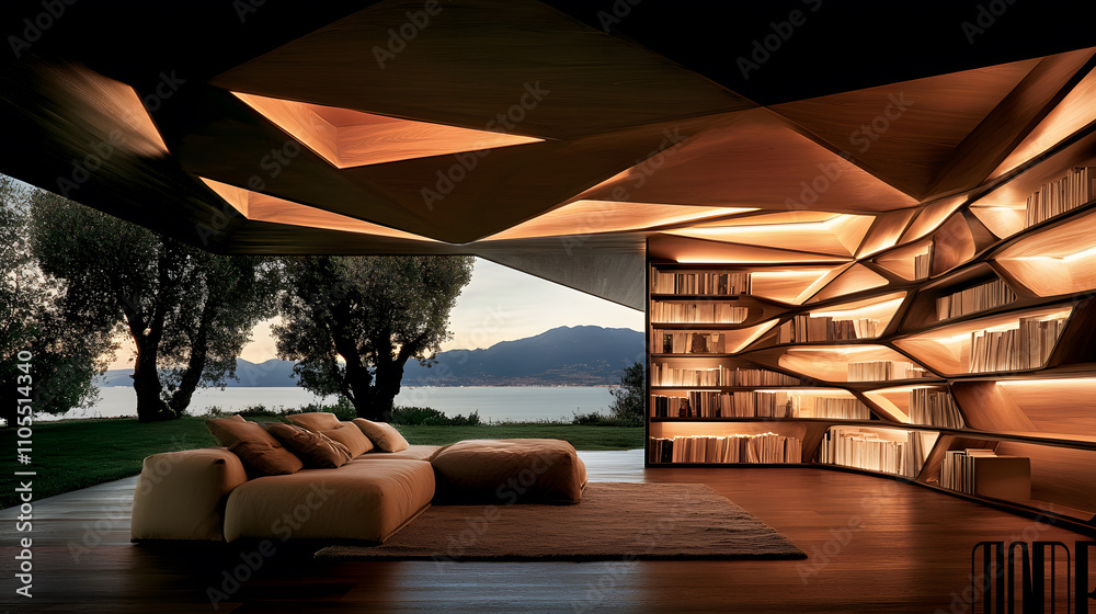 Poster a modern reading space with innovative architecture, ambient lighting, and a stunning view of nature
