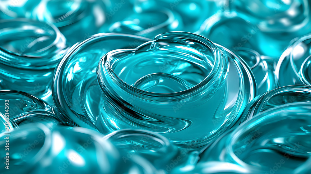 Poster A close-up view of swirling turquoise glass shapes, creating an abstract and captivating arrangement with reflections and transparency